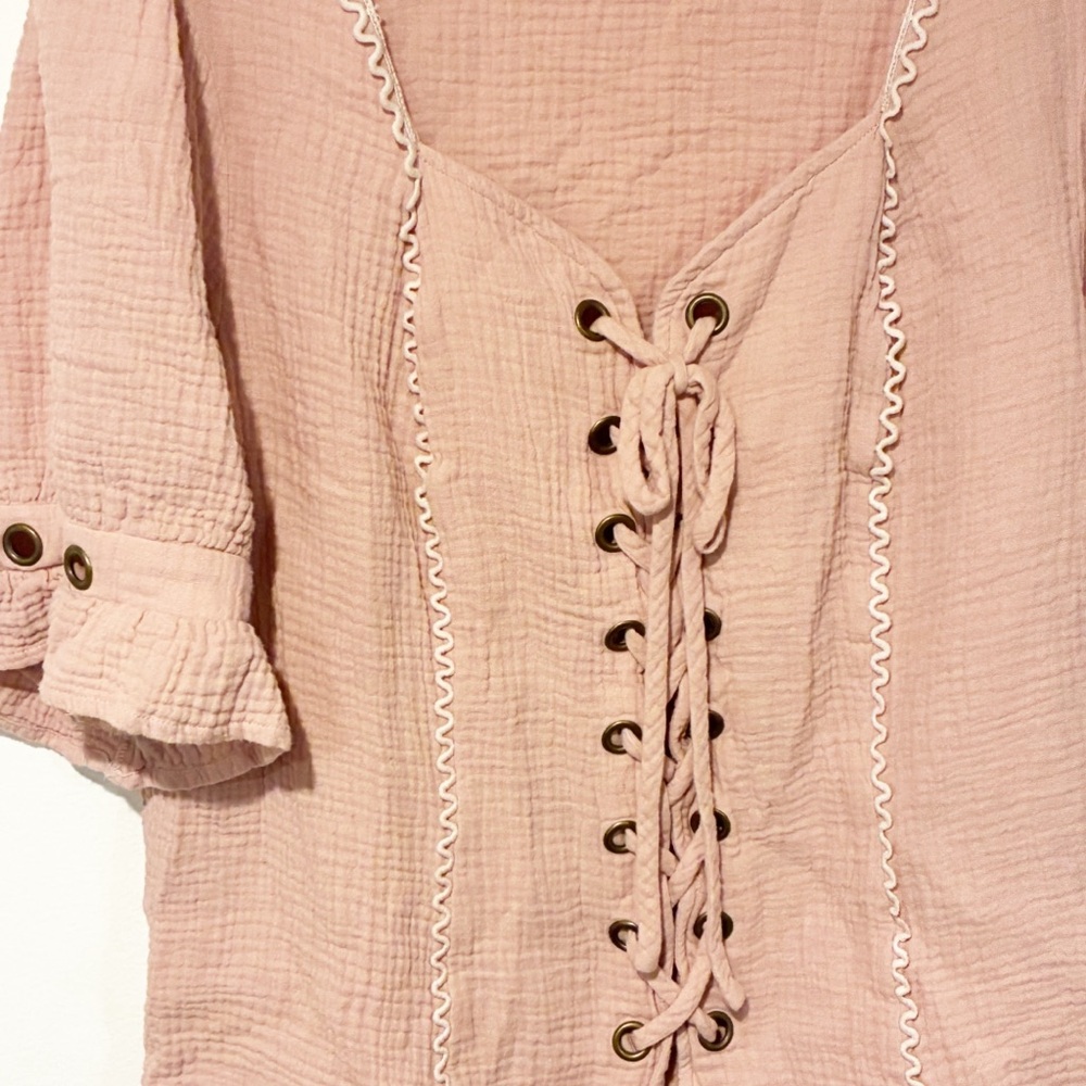 SCARLET DARKNESS XL Pink Victorian Short Sleeve Shirt Steampunk Lace Up Corset - Picture 2 of 5